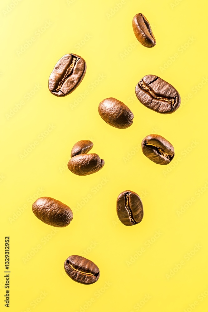 Dynamic shot of roasted coffee beans floating in mid-air against a bold yellow background, symbolizing energy and freshness.
Dynamic shot of roasted coffee beans floating in mid-air against a bold yellow background, symbolizing energy and freshness.