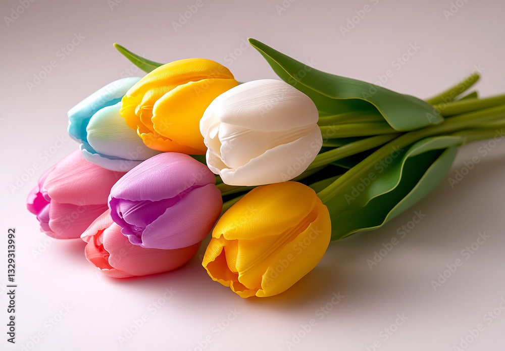 Obraz premium bouquet of colorful tulips isolated on a white background, detailed photograph