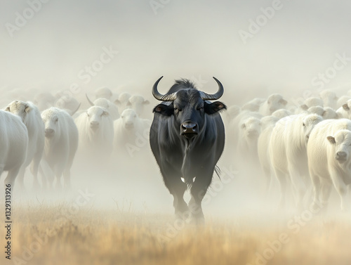 Black buffalo leading white albino buffaloes in dusty field photo