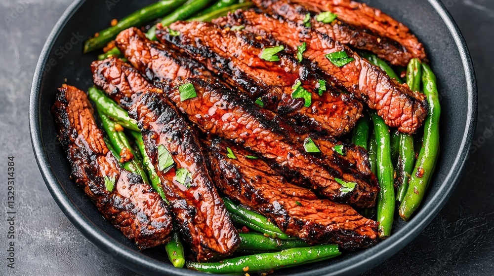 Charred flank steak served with buttered green beans Charred flank steak served with buttered green beans