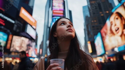 Young woman gazing at vibrant city lights in Times Square, NYC. Enjoying a moment of wonder among the bustling crowd.