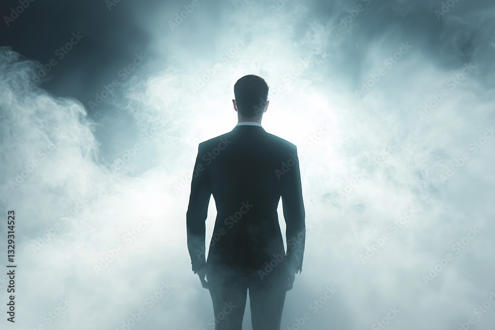 A mysterious figure in a suit stands silhouetted against a backdrop of swirling fog, creating an air of intrigue and contemplation. A mysterious figure in a suit stands silhouetted against a backdrop of swirling fog, creating an air of intrigue and contemplation.