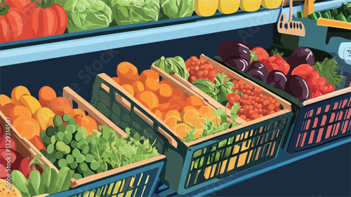 Close-up illustration of several dark-blue plastic crates filled with various colorful fruits and vegetables. The crates are arranged on a shelf, likely within a refrigerated section of a