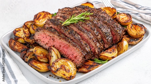 Elegant flank steak presentation with caramelized potatoes