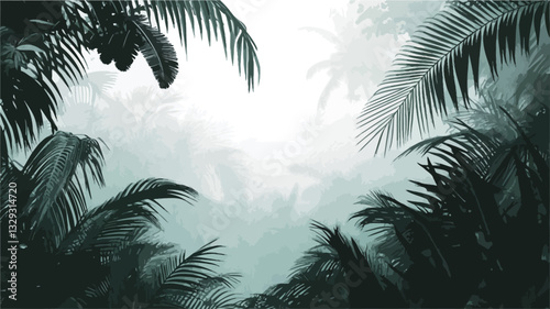 The image shows a high-angle, close-up view of dense tropical foliage.  The dominant elements are palm tree fronds, with their leaves creating a framing effect around a lighter, misty central area.