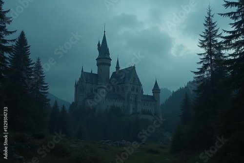 Wallpaper Mural Majestic Fairytale Castle Rising Dramatically Through Dense Mist Above Dark Forest with Multiple Ornate Towers Against Mystical Overcast Sky Torontodigital.ca