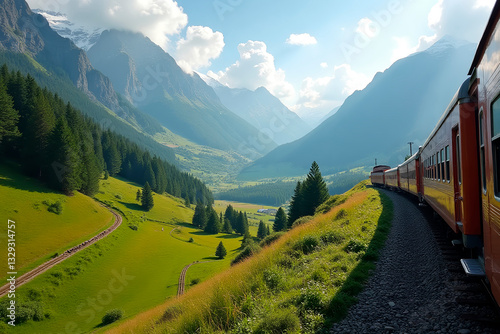 Wallpaper Mural Majestic Red Mountain Train Winding Through Verdant Valley Between Snow-Capped Peaks Under Bright Summer Sun Torontodigital.ca