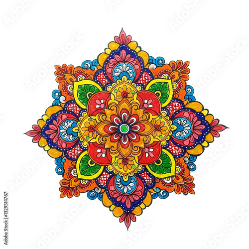 Rangoli design on pristine white background, perfect for festive themes, cultural projects, and vibrant decor. 