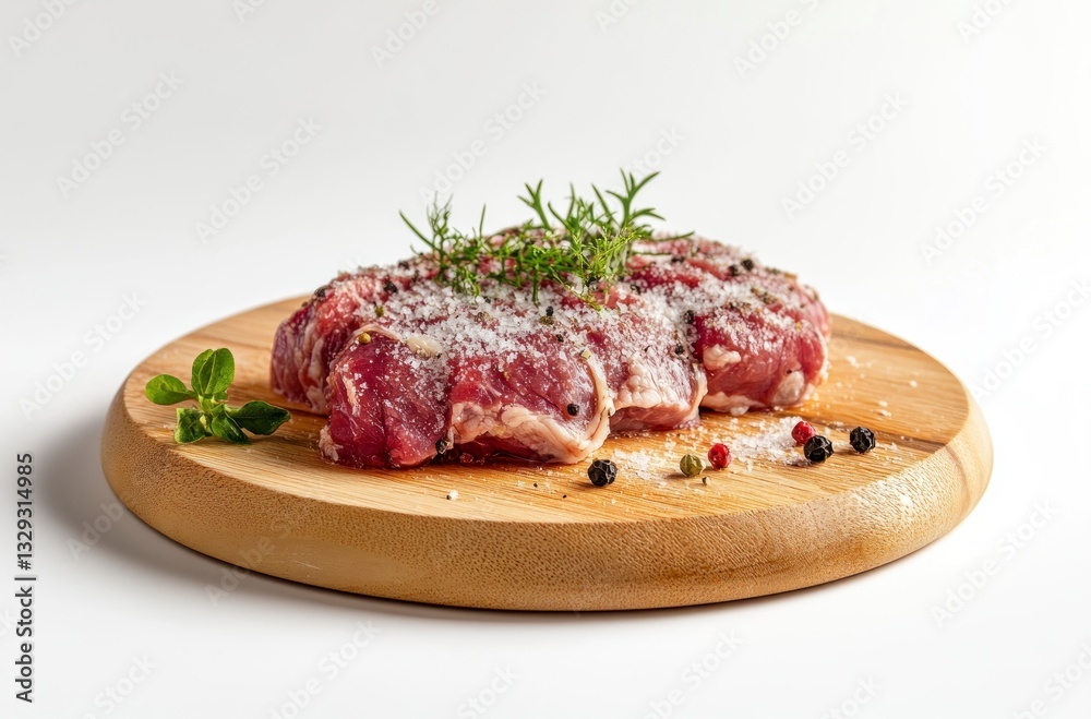 Raw Beef Steak on Wood Board with Herbs and Spices Preparation Raw Beef Steak on Wood Board with Herbs and Spices Preparation