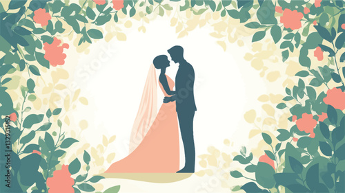The image is a vector illustration depicting a silhouette of a bride and groom embracing.  The couple is centrally positioned against a white background framed by a heart-shaped arrangement of