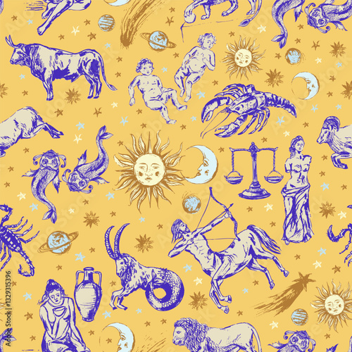Hand drawn zodiac signs seamless pattern with sun, moon, planets, comet, stars.