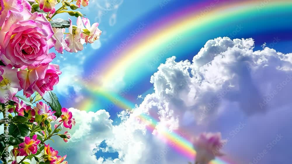 Bright rainbows stretch across the sky above lush flowers and white clouds, creating a stunning natural display in a sunny environment Bright rainbows stretch across the sky above lush flowers and white clouds, creating a stunning natural display in a sunny environment