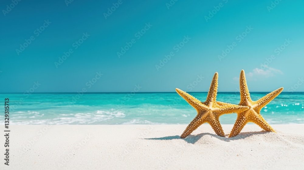 Golden starfish on pristine sand under a clear turquoise sky Golden starfish on pristine sand under a clear turquoise sky