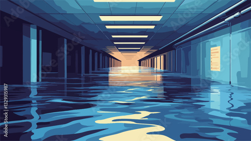 The image depicts a long, flooded corridor. The walls are dark blue, and the floor is completely submerged in blue water, reflecting the ceiling lights and creating ripples on the surface.  The