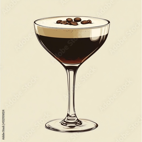 Stylized illustration of an espresso martini in a coupe glass, topped with coffee beans, set against a neutral background.