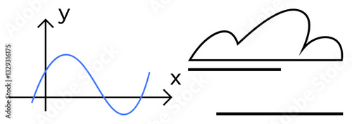 Graph with X and Y axes displaying a smooth curve alongside an abstract cloud-thumbs up structure with lines. Ideal for math, science, data, analysis, weather, abstraction, education. Flat simple
