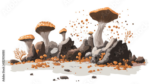 A digital painting depicts a cluster of mushrooms sprouting from dark-grey rocks. The mushrooms have orange-brown caps and lighter stems. Small orange particles are scattered around the mushrooms,