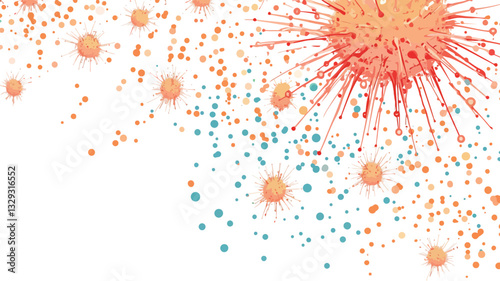 The image depicts an abstract composition featuring a burst of color emanating from a central point.  The burst consists of various shapes and sizes of orange, red, and teal colored particles