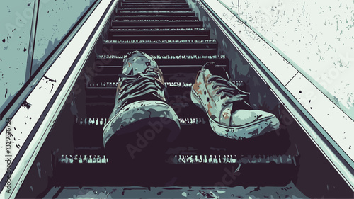High-angle, close-up view of a pair of worn-out sneakers positioned on the steps of an escalator. The image is predominantly grayscale with muted tones, emphasizing the texture of the shoes and the