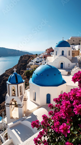 Breathtaking Santorini: Iconic Traditional Churches in Oia, Greece - Perfect for Travel Brochures and Social Media Marketing photo