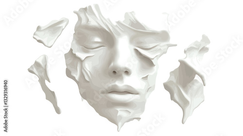 The image is a digital rendering or photograph of a three-dimensional, abstract sculpture depicting a human face. The face is rendered in shades of white, creating a monochrome effect. The surface