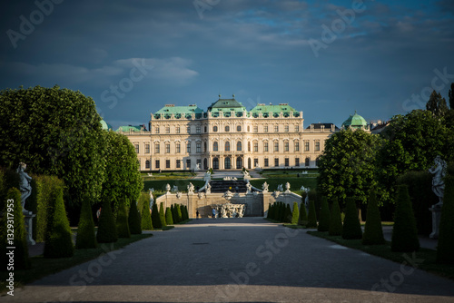 Vienna, Austria - 24 May 2017: View of beautiful Belvedere Palace surrounded by elegant gardens and majestic trees, Vienna, Vienna, Austria. photo