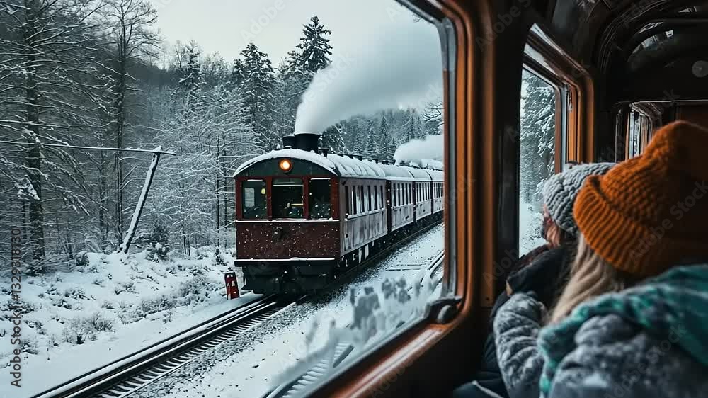 Scenic winter train journey through snowy landscape with passengers enjoying the view from inside