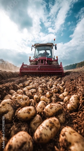 A powerful potato harvester operates in a field, efficiently extracting tubers from the soil and transporting them via a conveyor belt into a storage bin, showcasing agricultural technology at work.