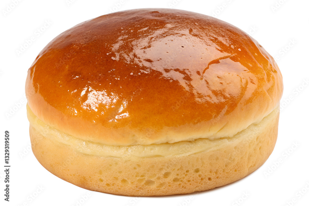 Delicious soft brioche bun with a glossy top sits alone, showcasing its tempting texture and golden sheen PNG transparent stickers, Delicious soft brioche bun with a glossy top sits alone, showcasing its tempting texture and golden sheen PNG transparent stickers,