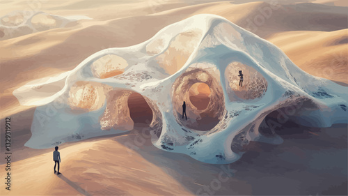 High-angle, long shot of a large, organic, whitish-blue structure situated in a sandy desert landscape. The structure's form is amorphous and fluid, with numerous interconnected cavities and