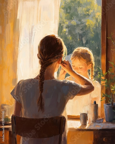 Young Girl Preparing Hair Before Mirror in Sunlit Room
