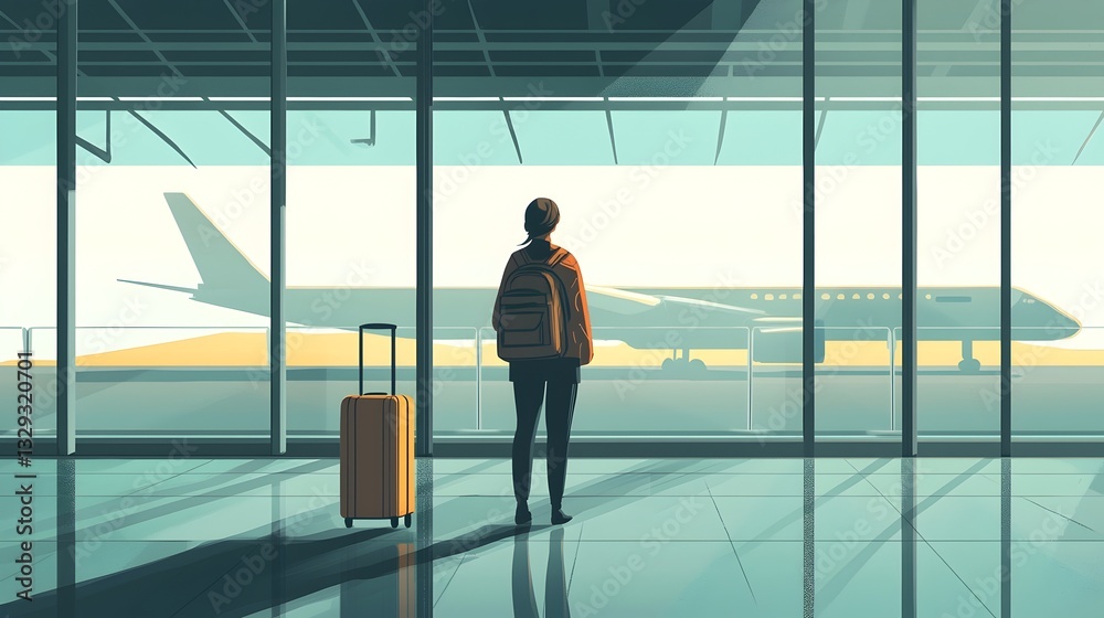 Fototapeta premium Journey's Beginning: A solo traveler stands gazing out of a window at an airport, a sense of anticipation and freedom. The image encapsulates the spirit of travel, exploration, and new beginnings.