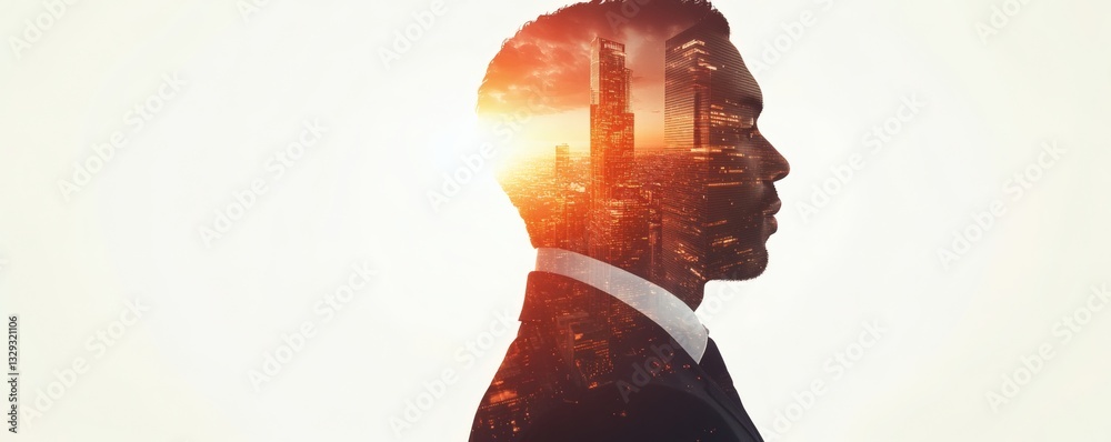 A mans silhouette with a cityscape overlaid inside his profile A mans silhouette with a cityscape overlaid inside his profile