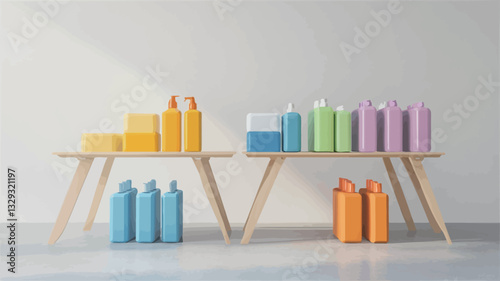 The image shows two simple, light-colored wooden tables against a white wall.  On each table are multiple plastic bottles and boxes in various pastel colors (yellow, orange, light blue, light