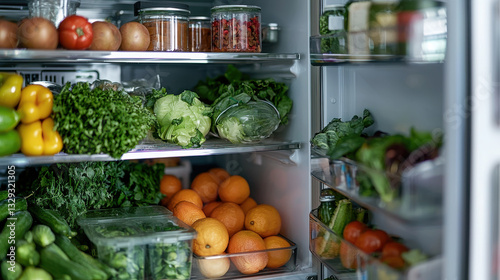 Fototapeta Naklejka Na Ścianę i Meble -  Fresh ingredients in fridge, including vegetables, fruits, and herbs, create vibrant and healthy display
