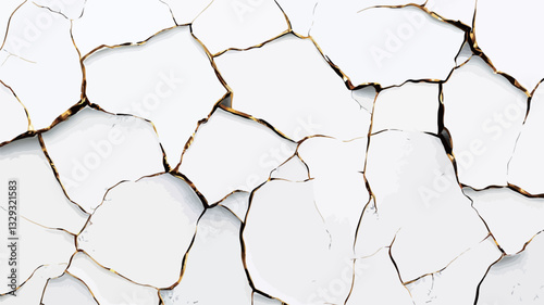 Close-up shot of a surface covered in cracked white paint.  The cracks are predominantly brown/dark lines, creating a network of irregular polygons across the entire frame. The image shows a high
