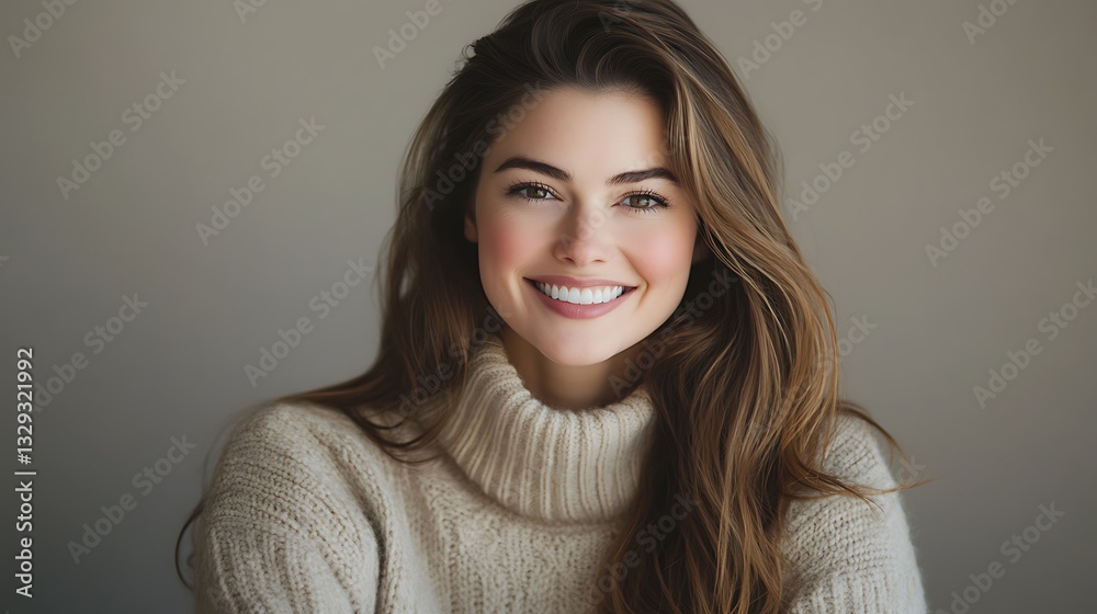 Portrait of a smiling young woman with long brown hair wearing a cream-colored sweater against a neutral background. Portrait of a smiling young woman with long brown hair wearing a cream-colored sweater against a neutral background.