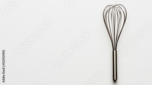 Topdown view of a metal whisk, clean and modern, placed against a white background