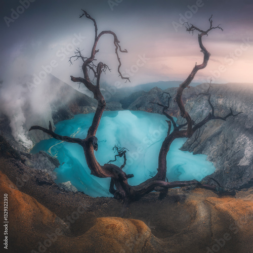 View of the beautiful Ijen crater with its acidic lake and dramatic landscape, Licin, East Java, Indonesia.