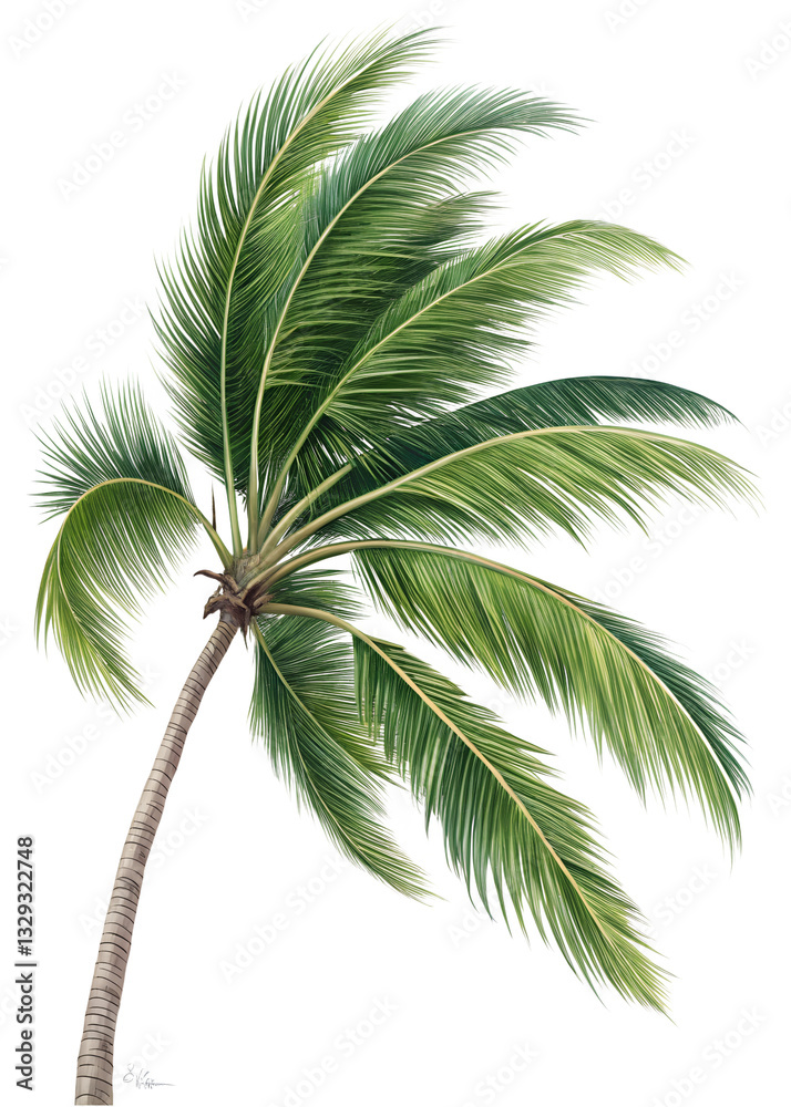 Obraz premium Tropical coconut palm tree leaves gently sway in the breeze, capturing the essence of a serene beach atmosphere PNG transparent stickers,