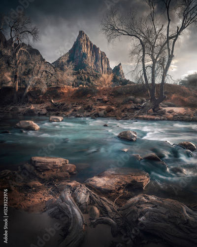 View of The Watcher mountain with a serene river and majestic trees, Springdale, Utah, United States. photo