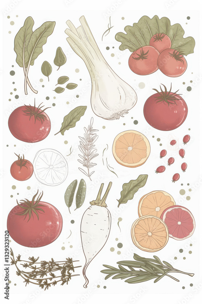 vibrant illustration of various vegetables and herbs, including tomatoes, onions, and citrus fruits, showcasing fresh and healthy theme. Perfect for culinary designs vibrant illustration of various vegetables and herbs, including tomatoes, onions, and citrus fruits, showcasing fresh and healthy theme. Perfect for culinary designs