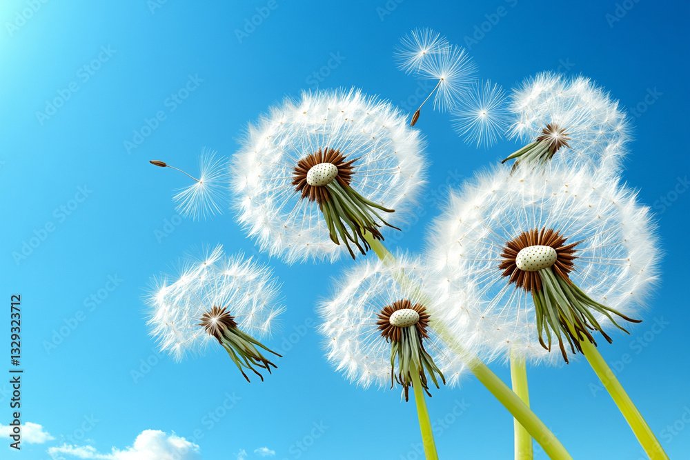 Obraz premium dandelion seeds blowing in the wind against a blue sky background. blue sky with dandelion seeds flying in the air