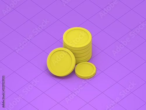 Golden Coins on Purple: A close-up, eye-level studio shot captures a stack of golden coins, accompanied by a few loose ones, against a geometric purple surface, the simplicity and contrast.