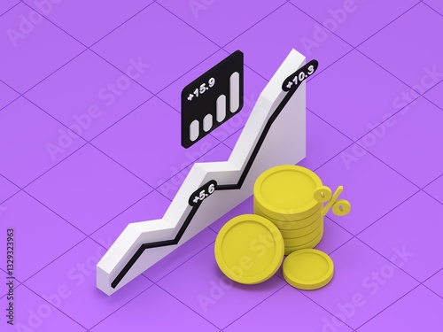 Financial Growth: An isometric illustration showcasing a line graph ascending, with a stack of gold coins and bar chart against a backdrop of a textured purple surface. 
