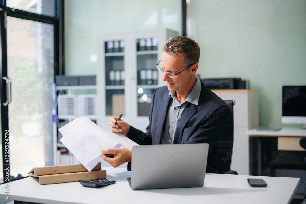 Confident businessman working on finance analysis with a tablet and laptop at office desk. Perfect for business Confident businessman working on finance analysis with a tablet and laptop at office desk. Perfect for business