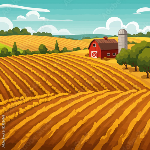 Harvested Farm Field with Red Barn and Silo in Summer Landscape
