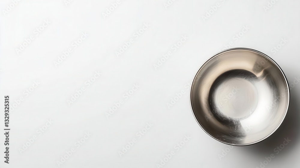 Topdown view of a stainless steel mixing bowl, reflective surface, minimalist white space Topdown view of a stainless steel mixing bowl, reflective surface, minimalist white space