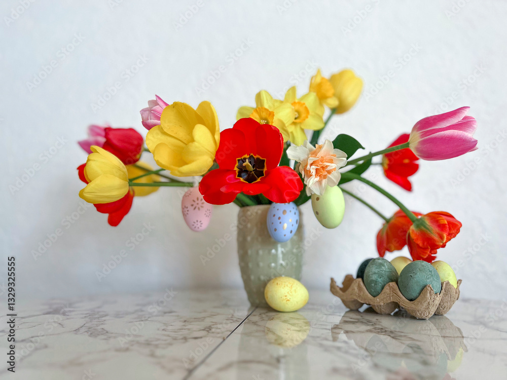 An Easter card. Colorful bright tulips decorated with eggs stand in a vase on the table next to colorful eggs