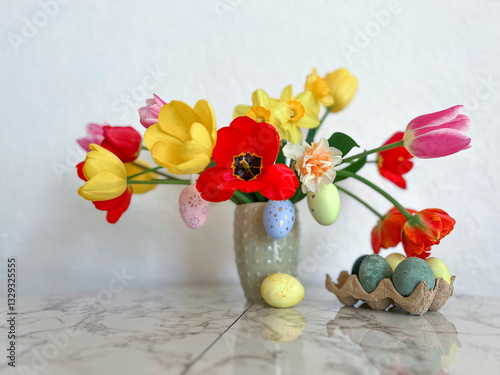 Obraz na płótnie An Easter card. Colorful bright tulips decorated with eggs stand in a vase on the table next to colorful eggs w salonie